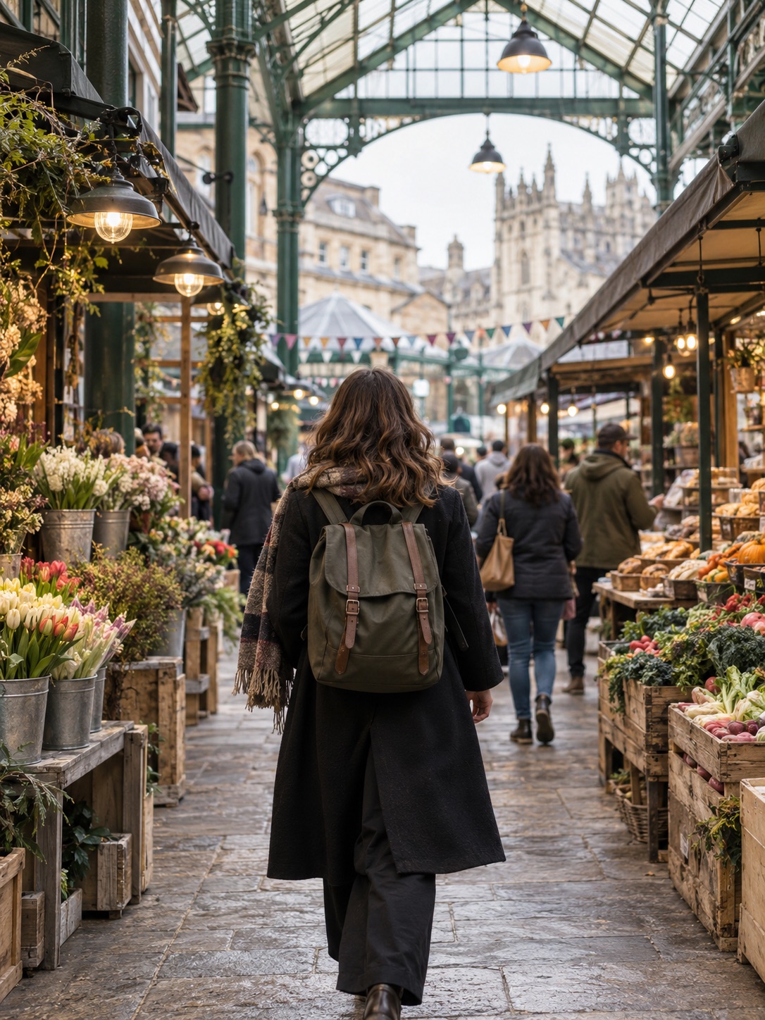 A traveller exploring a covered British market