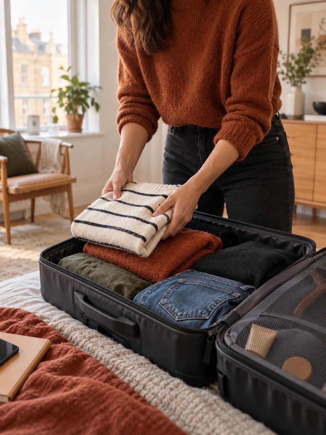 A traveller packing for a journey