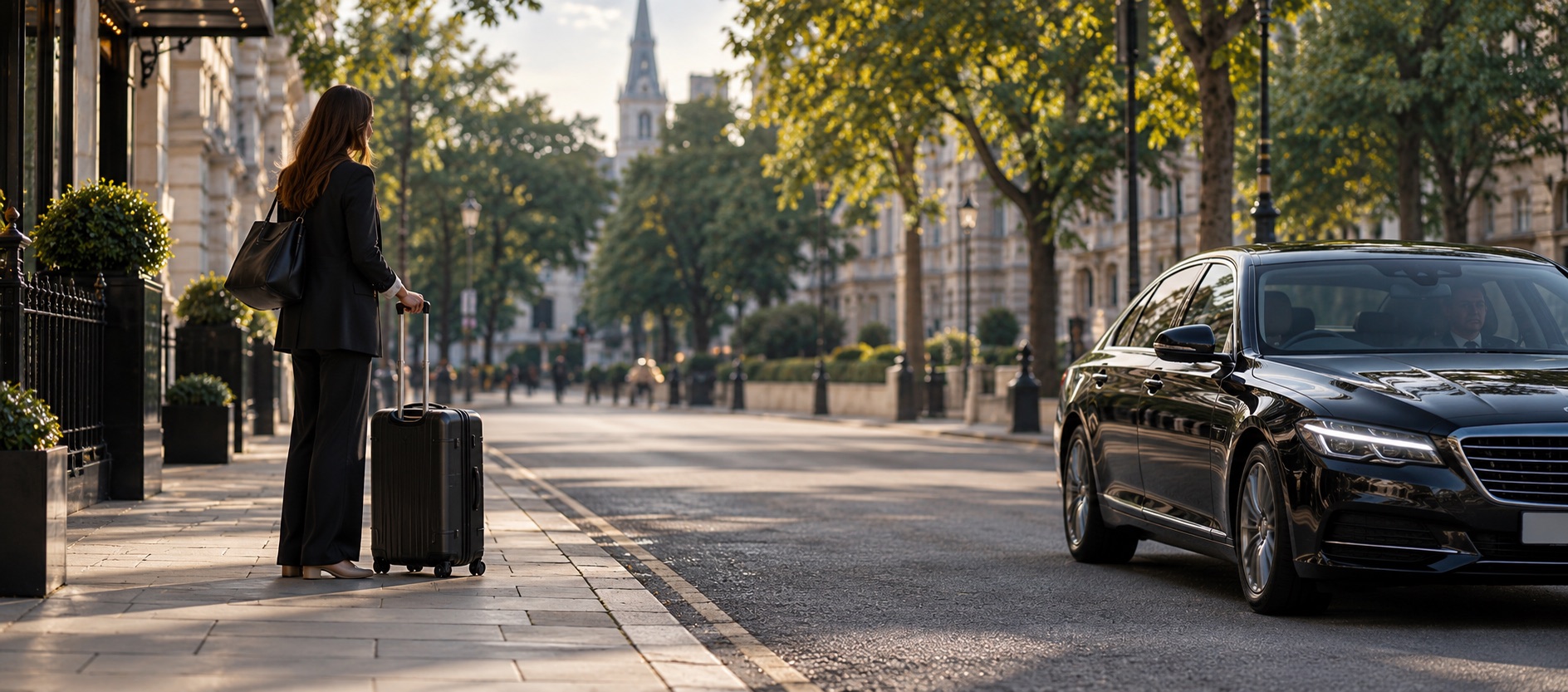 A KerbKings-style black saloon arriving for a traveller