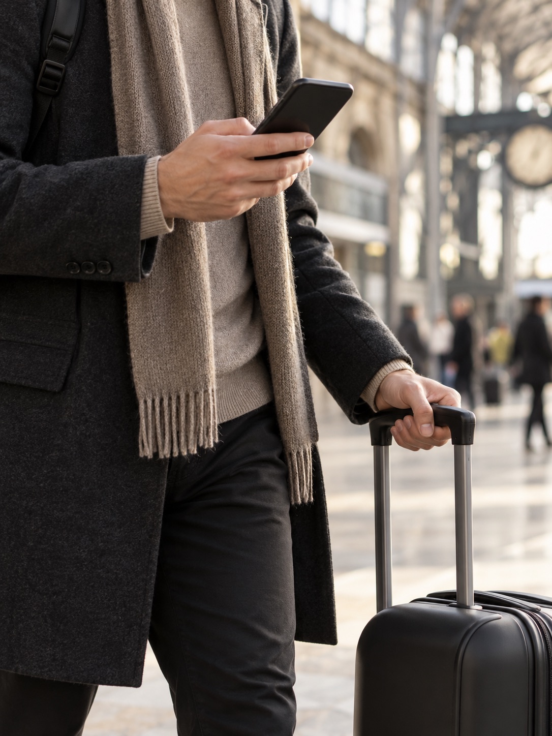 A traveller with a suitcase at a station